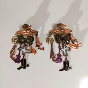 Western Cowgirl Theme Patinaed Metal Dangle Charm Statement Earrings